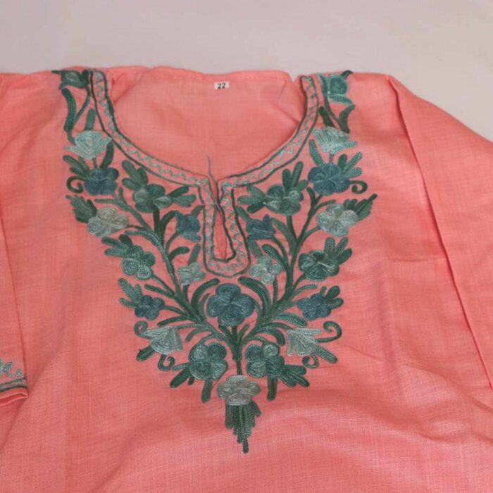 Light Pink Mehr Kashmiri Kids Girls Kurta With Trousers with Aari Embroidery (3-4Y) - Image 3