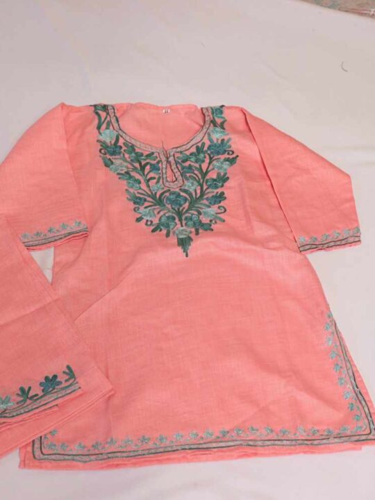 Light Pink Mehr Kashmiri Kids Girls Kurta With Trousers with Aari Embroidery (3-4Y)