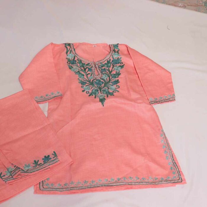 Light Pink Mehr Kashmiri Kids Girls Kurta With Trousers with Aari Embroidery (3-4Y)