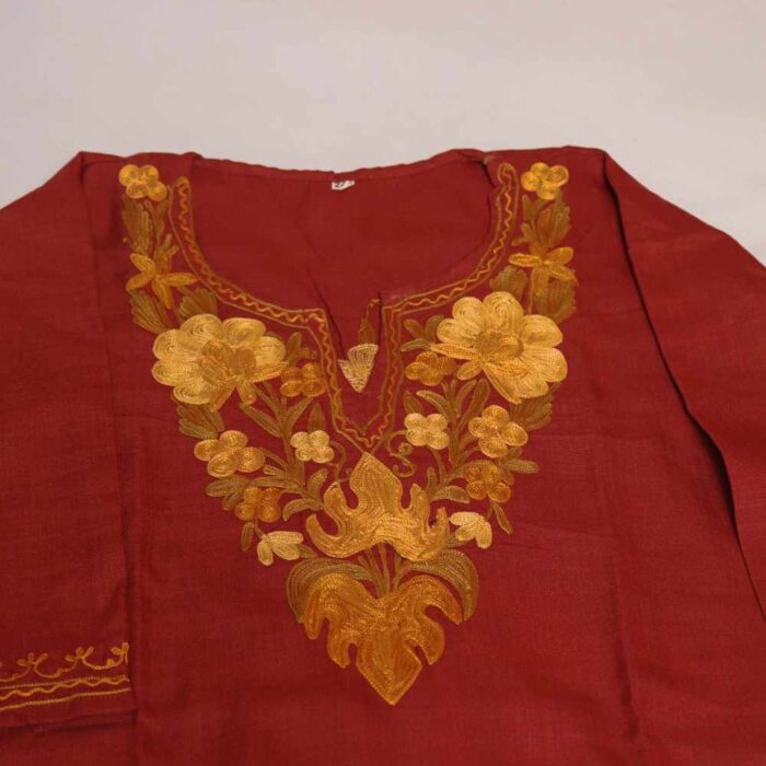 Maroon Mehr Kashmiri Kids Girls Kurti With Trousers With Chinari Aari Embroidery (4-5Y) - Image 3