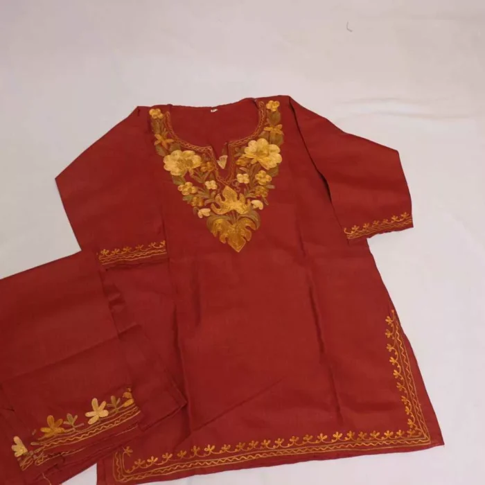 Maroon Mehr Kashmiri Kids Girls Kurti With Trousers With Chinari Aari Embroidery (4-5Y)