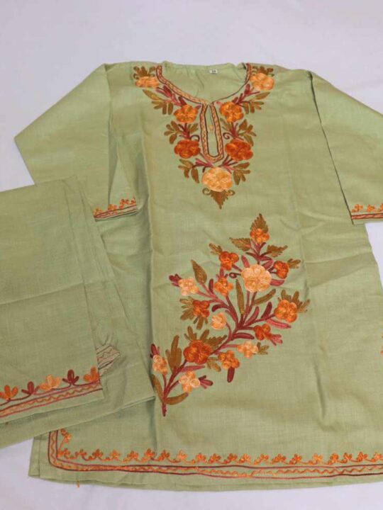 Mehr Green Kashmiri Kids Girls Dress for Summer : Kurti With Trousers (4-5Y)