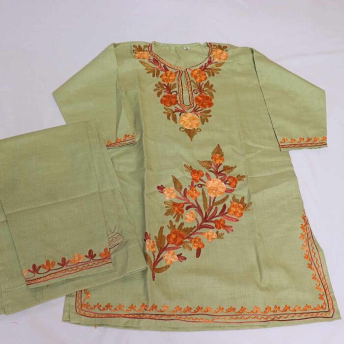 Mehr Green Kashmiri Kids Girls Dress for Summer : Kurti With Trousers (4-5Y)