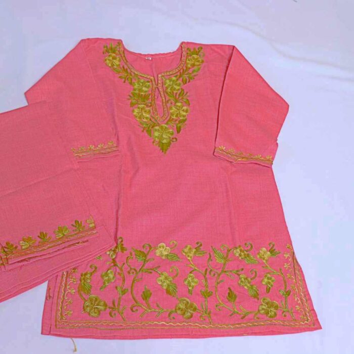 Pink Daman Work Zubin Kashmiri Girls Dress for Summer: Kurta Set With Trousers (4-5Y)