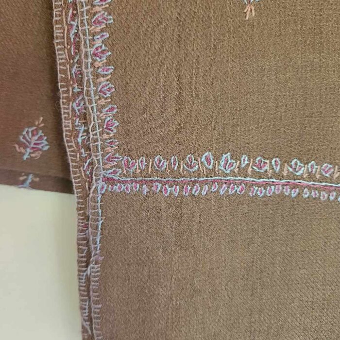 Magnificent Brown Woolen Kashmiri Muffler With Bootis in Hand Sozni Embroidery - Image 2