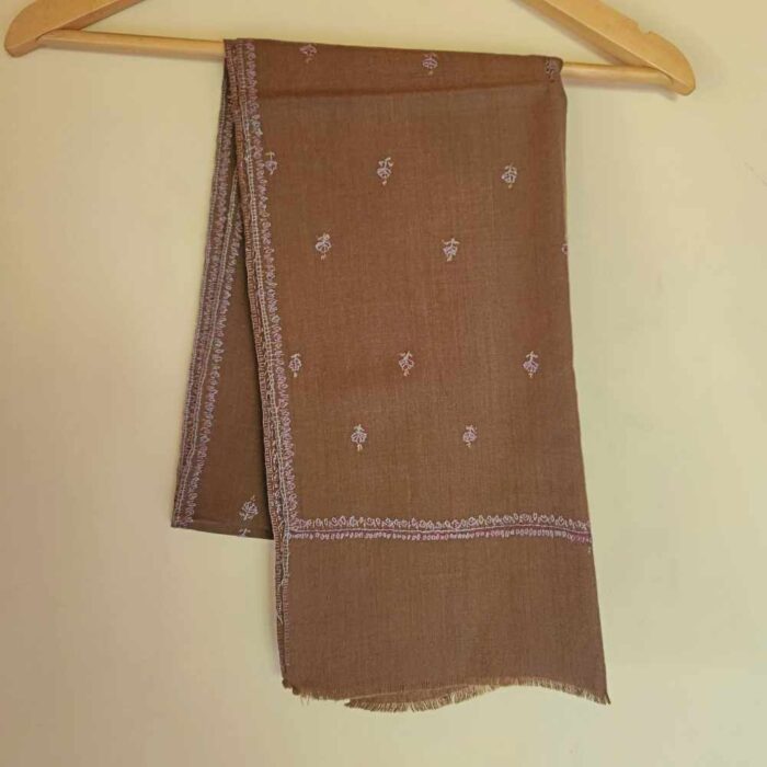 Magnificent Brown Woolen Kashmiri Muffler With Bootis in Hand Sozni Embroidery