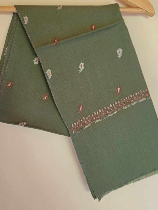 Humayun Greenish Woolen Kashmiri Muffler With White Pink Booti Hand Sozni Embroidery