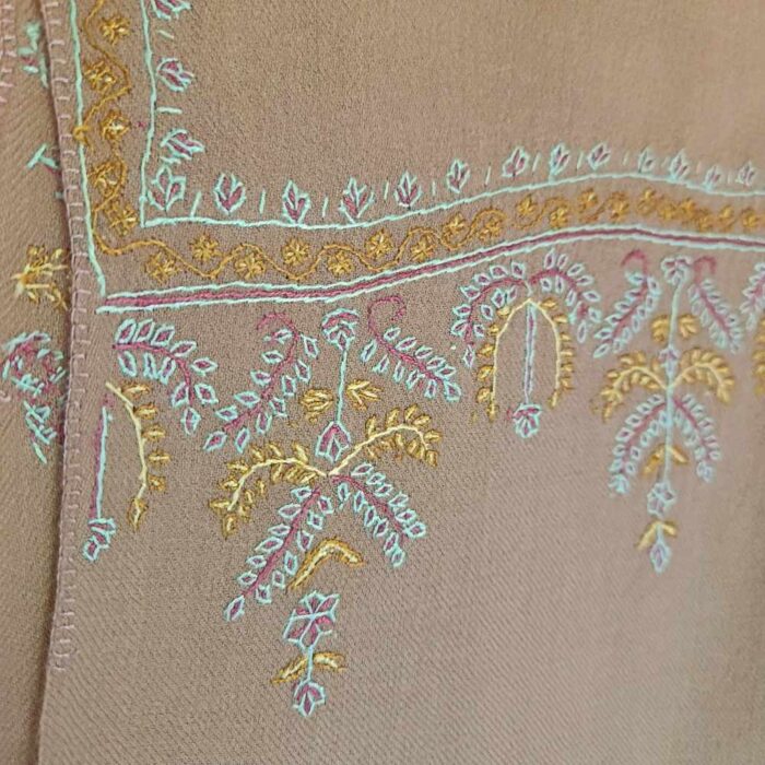 Humayun Light Brown Woolen Kashmiri Muffler With Blue Yellow Hand Sozni Embroidery - Image 2