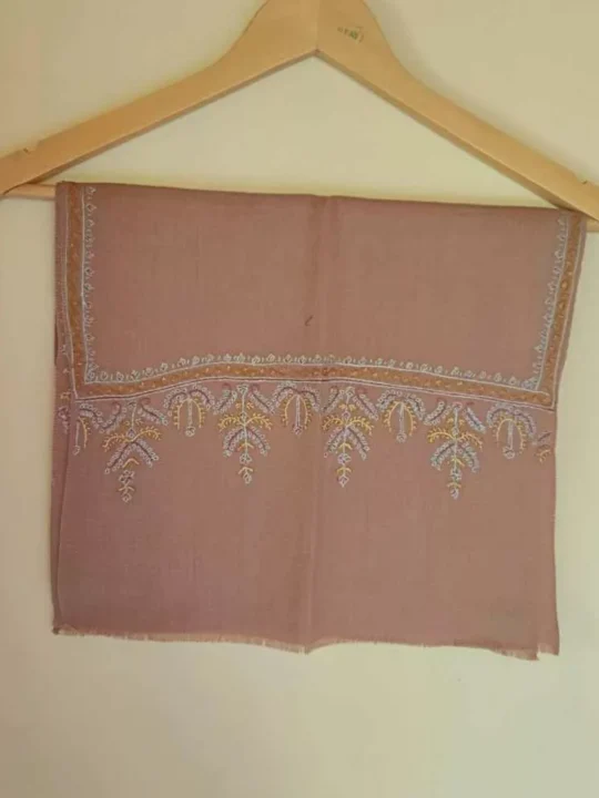 Humayun Light Brown Woolen Kashmiri Muffler With Blue Yellow Hand Sozni Embroidery