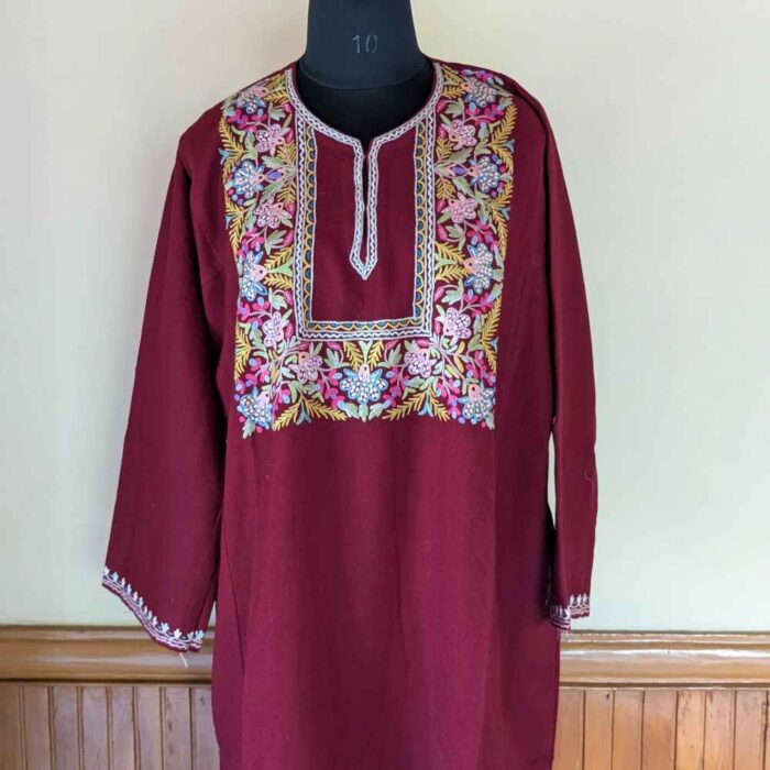 Maroon Eshal Raffal Kashmir Box Pheran with Hand Aari Embroidery
