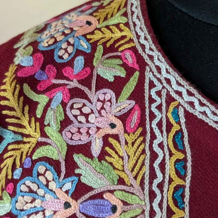 Maroon Eshal Raffal Kashmir Box Pheran with Hand Aari Embroidery - Image 2