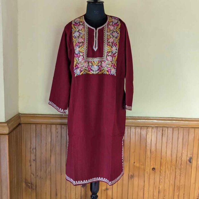Maroon Eshal Raffal Kashmir Box Pheran with Hand Aari Embroidery - Image 3