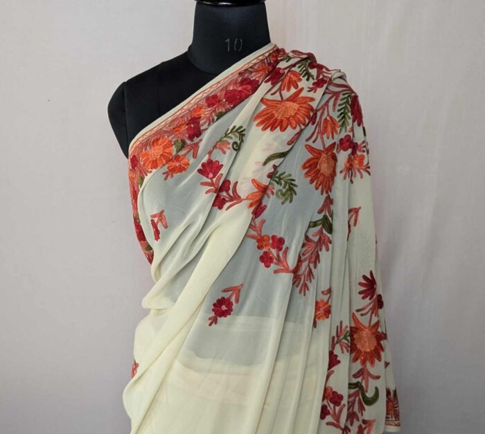 Bahara Light Yelloww Georgette Saree With Kashmiri Aari Embroidery