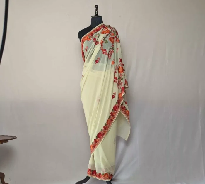 Bahara Light Yelloww Georgette Saree With Kashmiri Aari Embroidery - Image 2