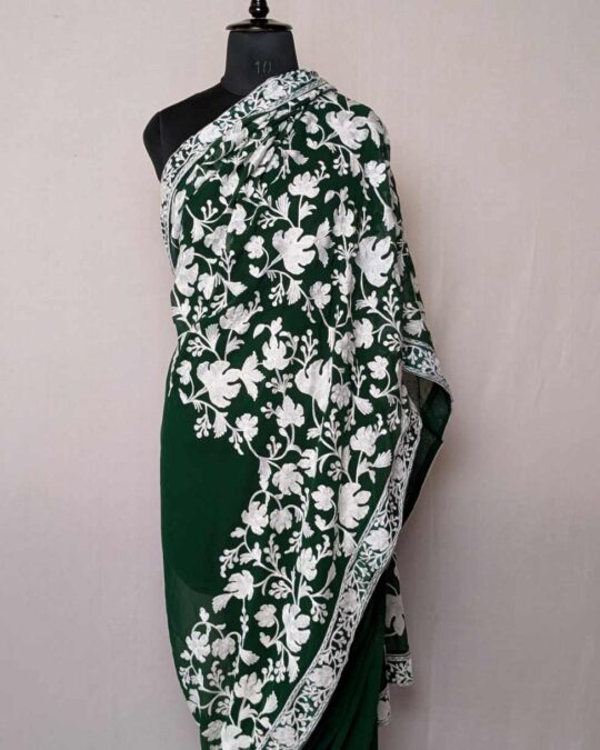 Green Bahara Chinari Georgette Saree With Kashmiri Aari Embroidery