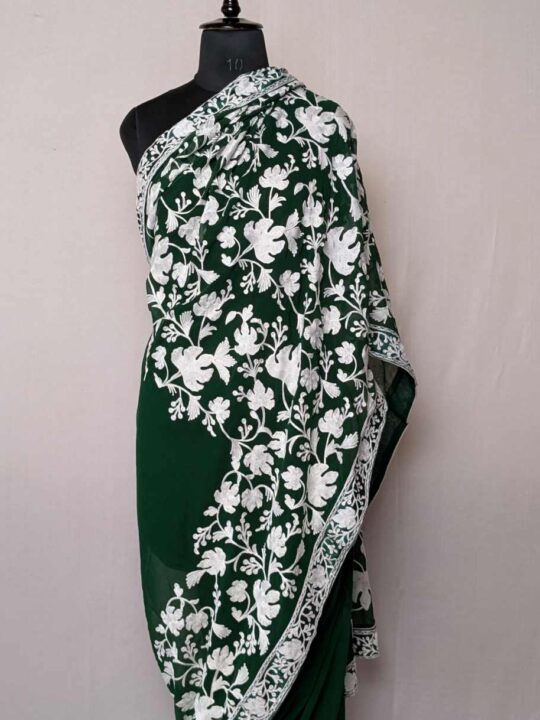 Green Bahara Chinari Georgette Saree With Kashmiri Aari Embroidery