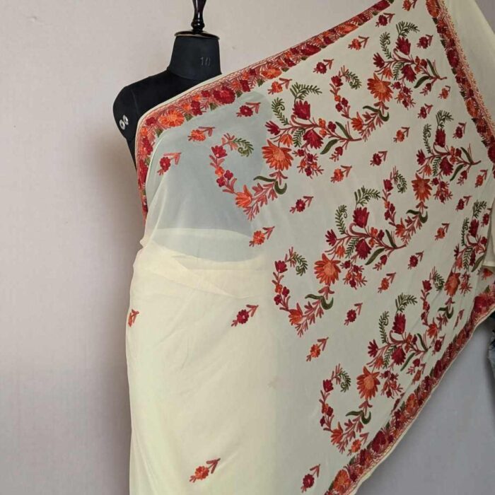Bahara Light Yelloww Georgette Saree With Kashmiri Aari Embroidery - Image 3