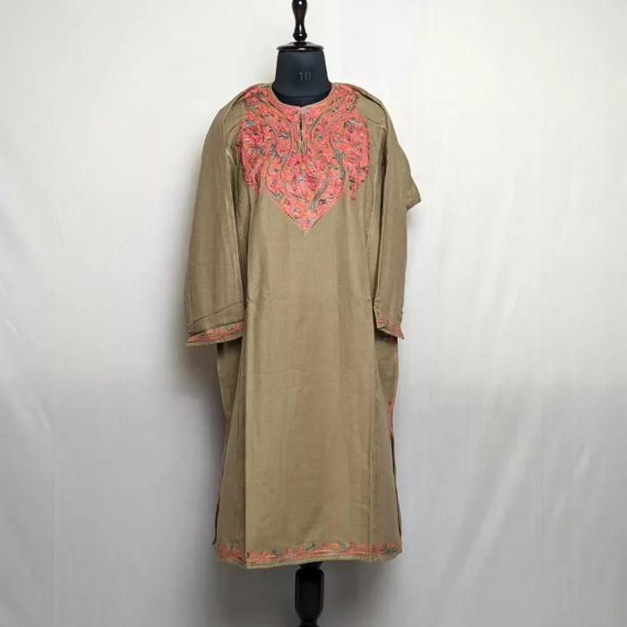 Kashmiri Latest Pheran Online - Beige Cashmilon with Aari Work - Image 2