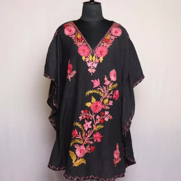 Black Short Kashmiri Kaftan – Aari Embroidered Crush Cotton