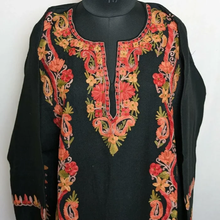 Black Raffal Pheran & Stole with Aari Embroidery - Image 2