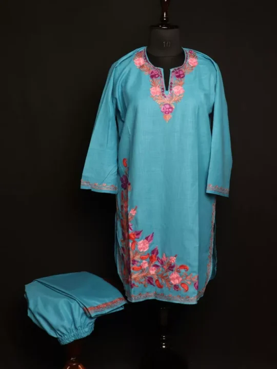 Blue Floral Kashmiri Cotton Aari Kashmiri Co-ord Set
