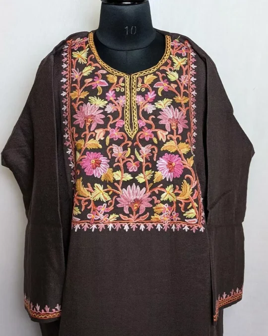Brown Raffal Pheran with Hand Aari