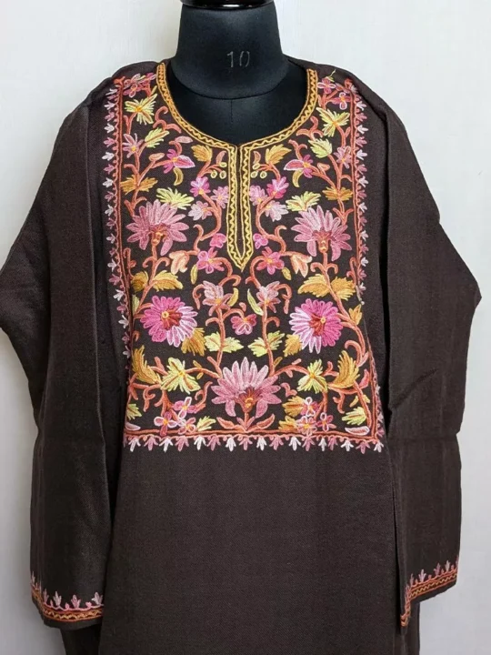 Brown Raffal Pheran with Hand Aari
