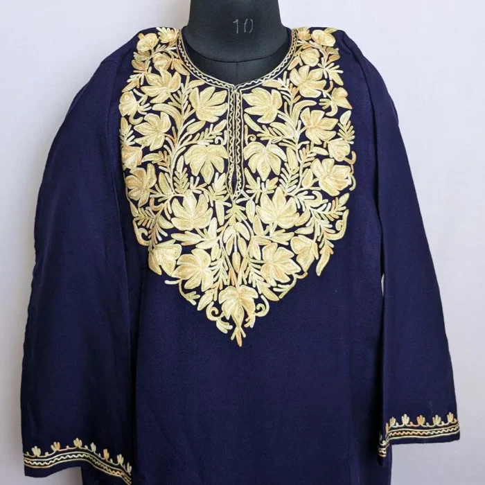 Kashmiri Dark Blue Cashmilon Latest Pheran with Aari Work