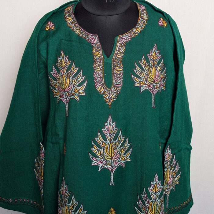 Buy Pheran Online - Dark Green Raffal with Hand Sozni Embroidery - Image 2