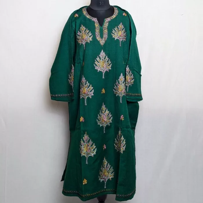 Buy Pheran Online - Dark Green Raffal with Hand Sozni Embroidery