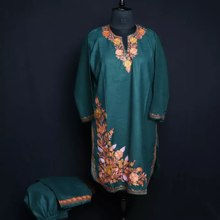 Dark Green Naaz Cotton Aari Kashmiri Co-ord Set