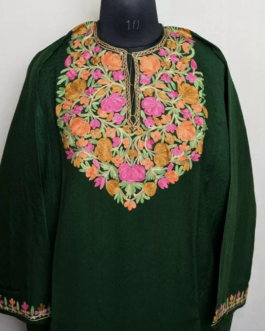 Dark Green Raffal Pheran with Aari Embroidery