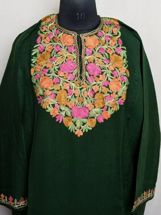 Dark Green Raffal Pheran with Aari Embroidery