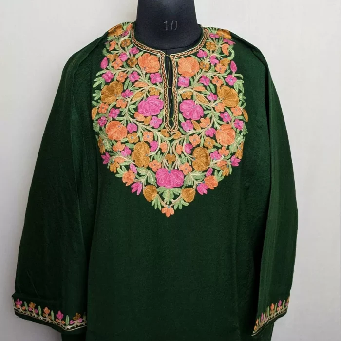 Dark Green Raffal Pheran with Aari Embroidery