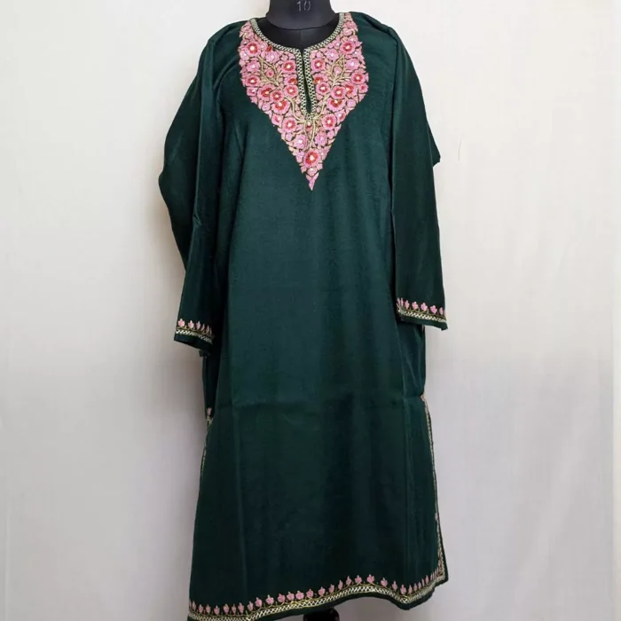 Dark Green Pheran for Women | Latest Pheran Design for Female | Kashmiri Raffal Sozni Handwork - Image 2