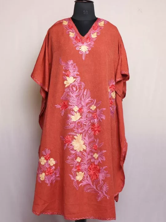 Dark Peach Kashmiri Kaftan – Aari Embroidered Crush Cotton L46
