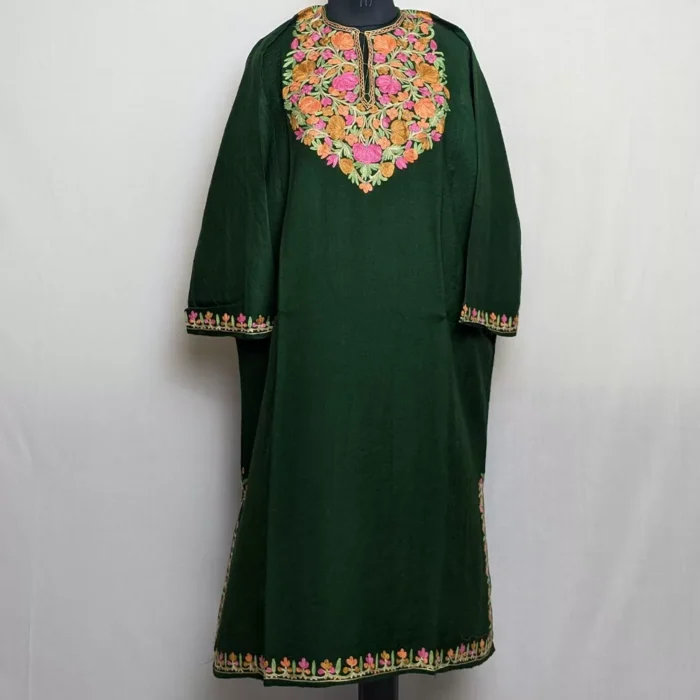 Dark Green Raffal Pheran with Aari Embroidery - Image 2