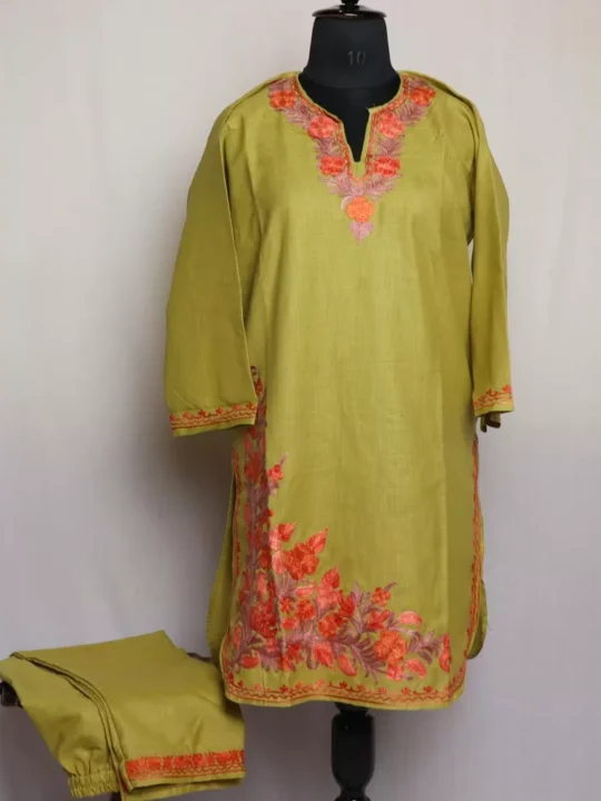 Mehndi Green Shah Cotton Aari Kashmiri Co-ord Set