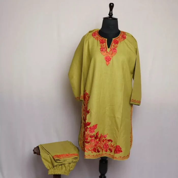 Green Cotton Aari Kashmiri Co-ord Set