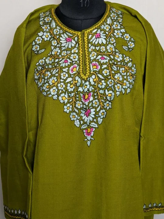 Green Kashmiri Raffal Short Pheran | Paper Mache Sozni Handwork (38.5,55)