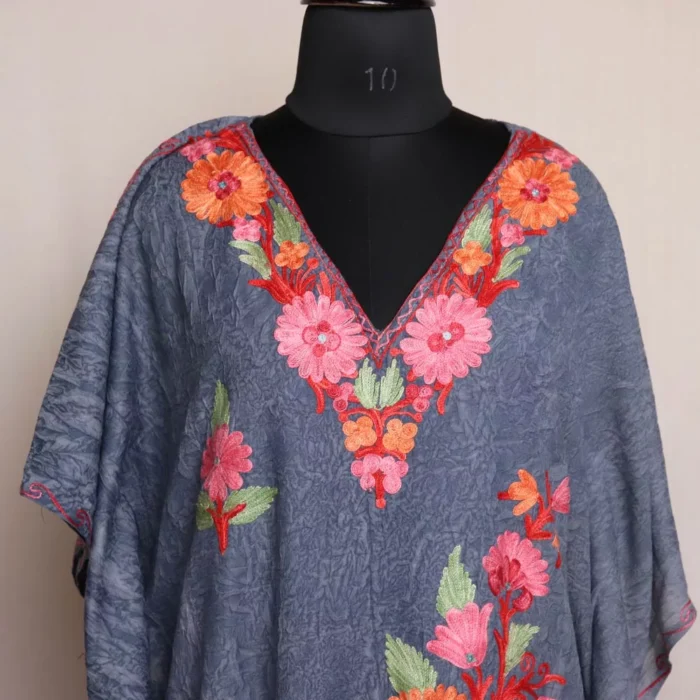 Grey Short Kashmiri Kaftan – Aari Embroidered Crush Cotton - Image 2