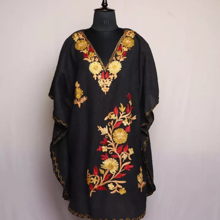 Black Floral Short Kashmiri Kaftan – Aari Embroidered Crush Cotton