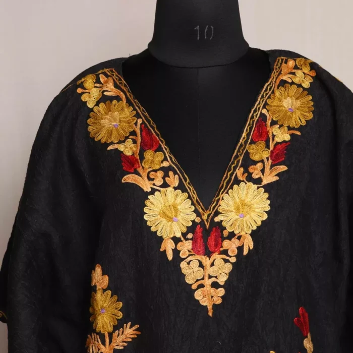 Black Floral Short Kashmiri Kaftan – Aari Embroidered Crush Cotton - Image 2