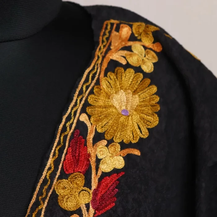 Black Floral Short Kashmiri Kaftan – Aari Embroidered Crush Cotton - Image 3