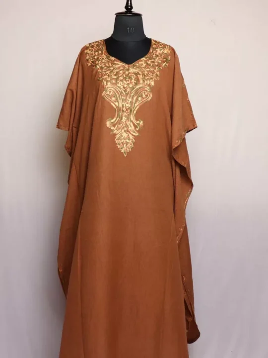 Brown Kashmiri Kaftan – Aari Embroidered Crush Cotton L52