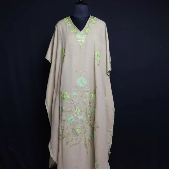 Dark Cream Kashmiri Kaftan – Aari Embroidered Crush Cotton L53