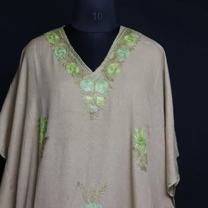 Dark Cream Kashmiri Kaftan – Aari Embroidered Crush Cotton L53 - Image 2