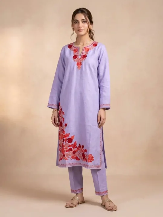 Purple Naaz Cotton Aari Kashmiri Co-ord Set