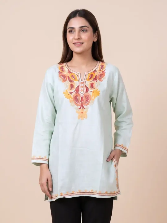 Kashmiri Summer Kurti - Light Color Short Cotton with Aari Embroidery