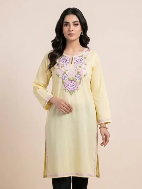 Yellow Floral Summer Kashmiri Kurta with Aari Embroidery